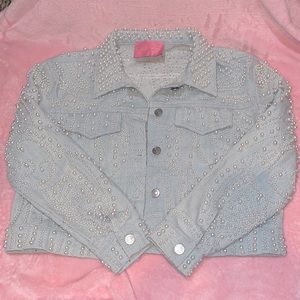 Azalea Wang pearl beaded light blue jean jacket size small